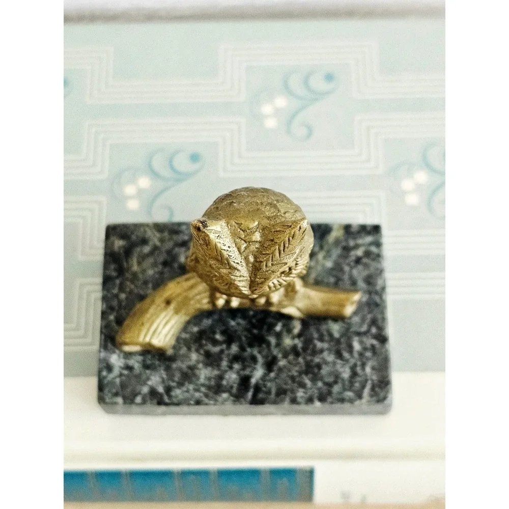 Vintage Solid Brass Owl on Branch on Black & Green Marble Base Paperweight